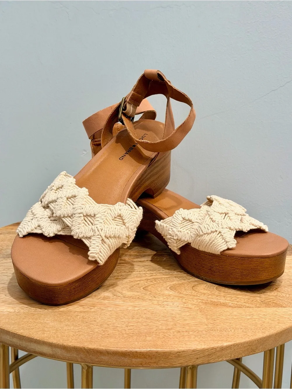 Lucky Brand Famika Woven Macrame Platform Heel Sandals Tan Cream Boho Size 10M